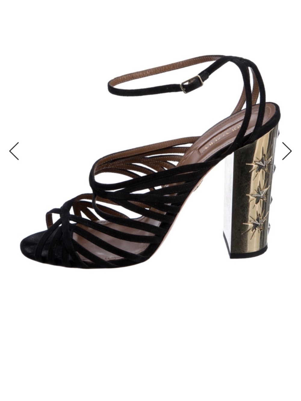 Aquazzura Trinity Black Suede Gold Star Block Heel Strappy Sandals 40.5